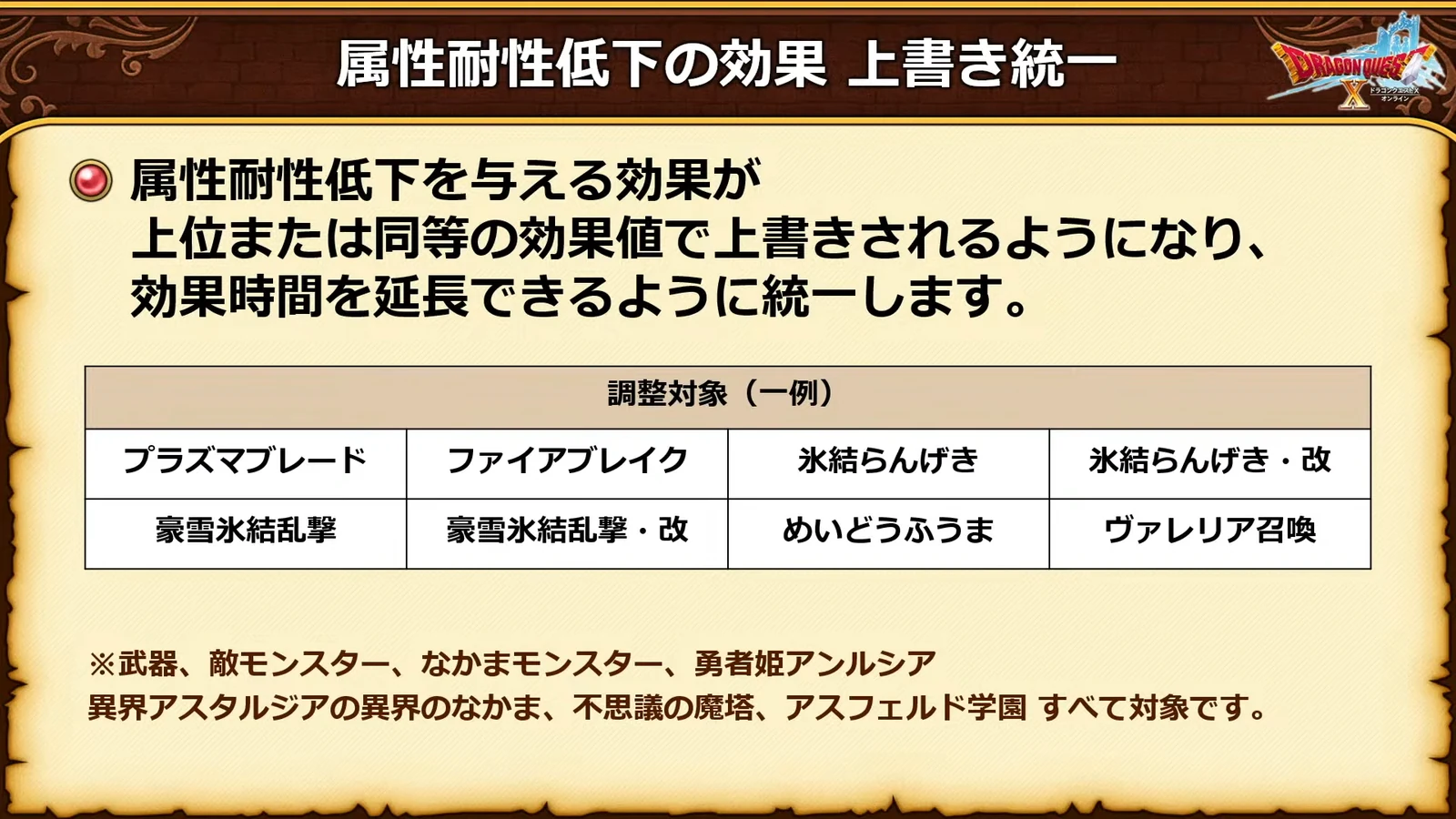 属性耐性低下の効果 上書き統一：調整対象の一例